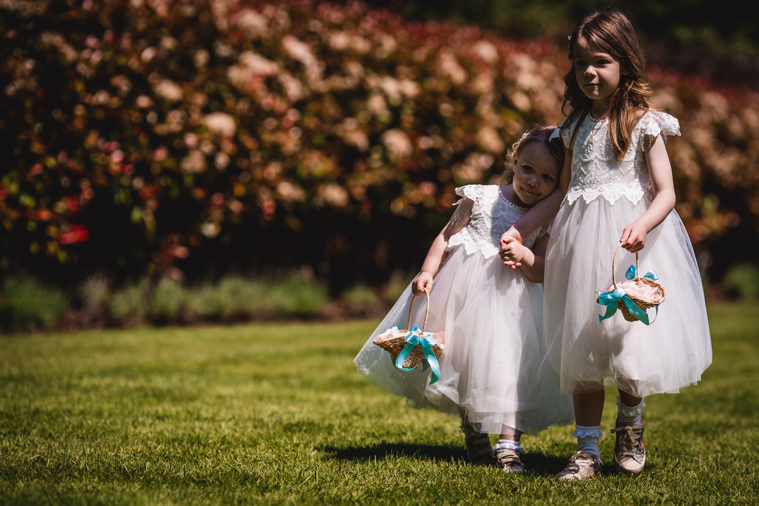 Two young girls in white dresses walk hand in hand on a grassy field, each carrying a basket with blue ribbons. A row of flowers is in the background.