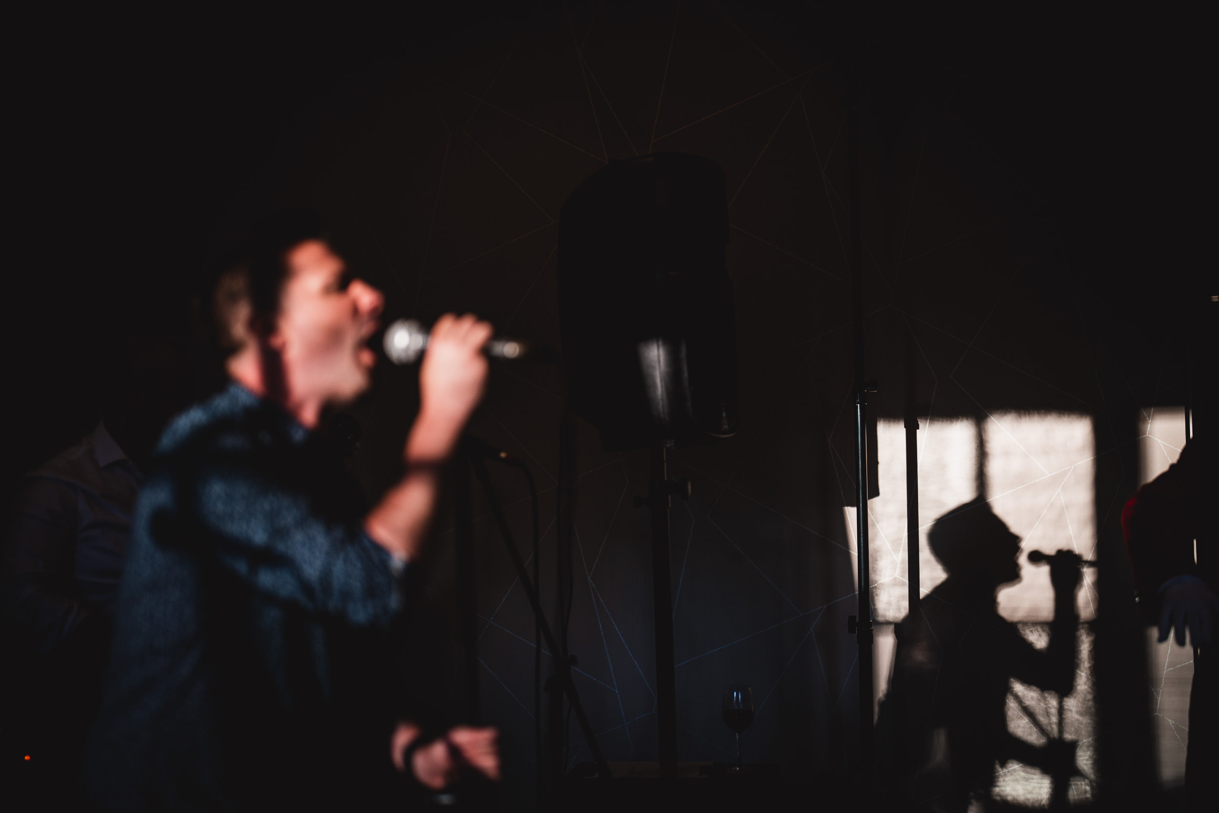 A person singing passionately into a microphone with their shadow cast on a wall in a dimly lit room.