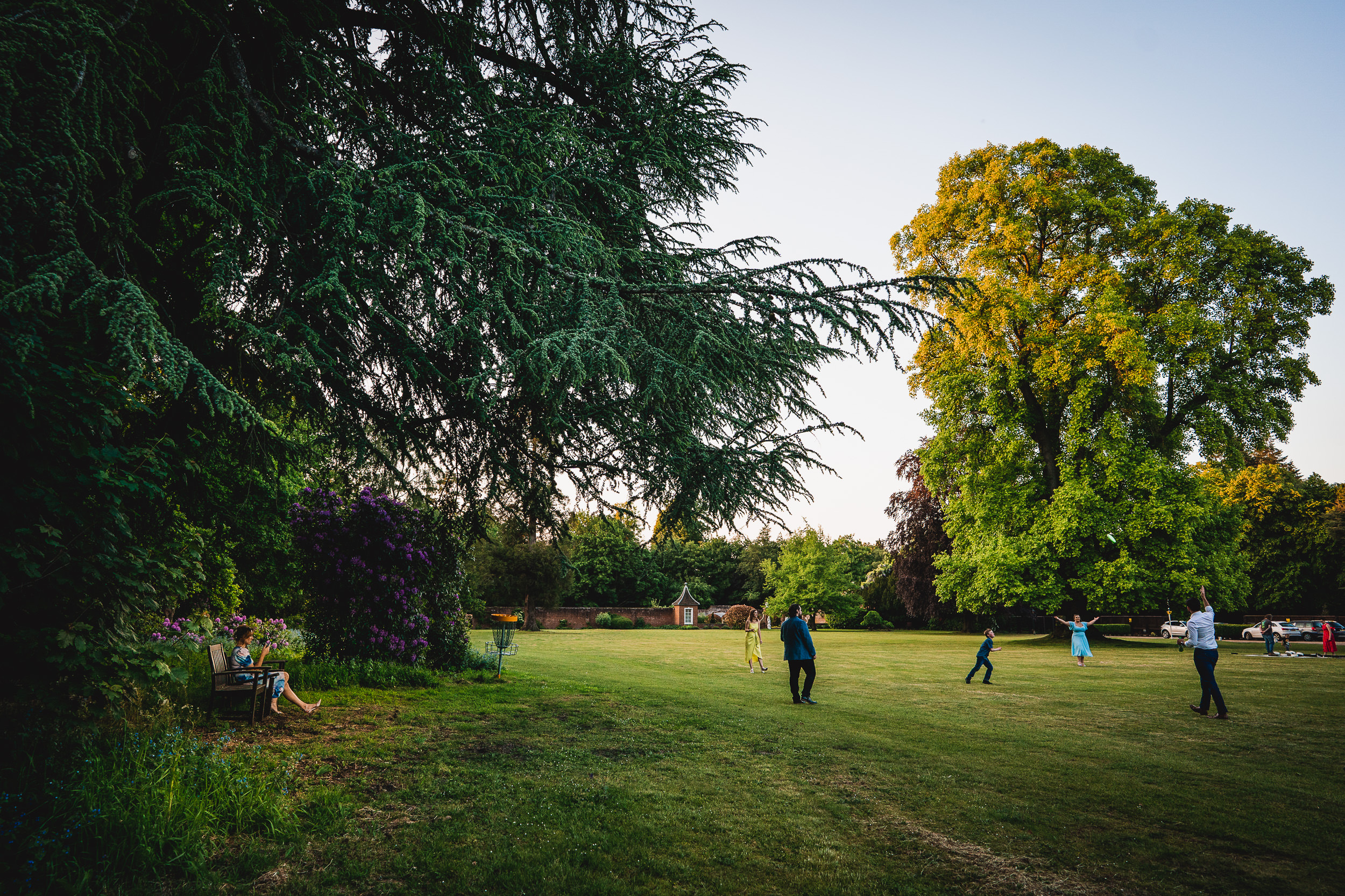 People playing in a large, grassy park with trees and a bench; some are sitting while others are walking.