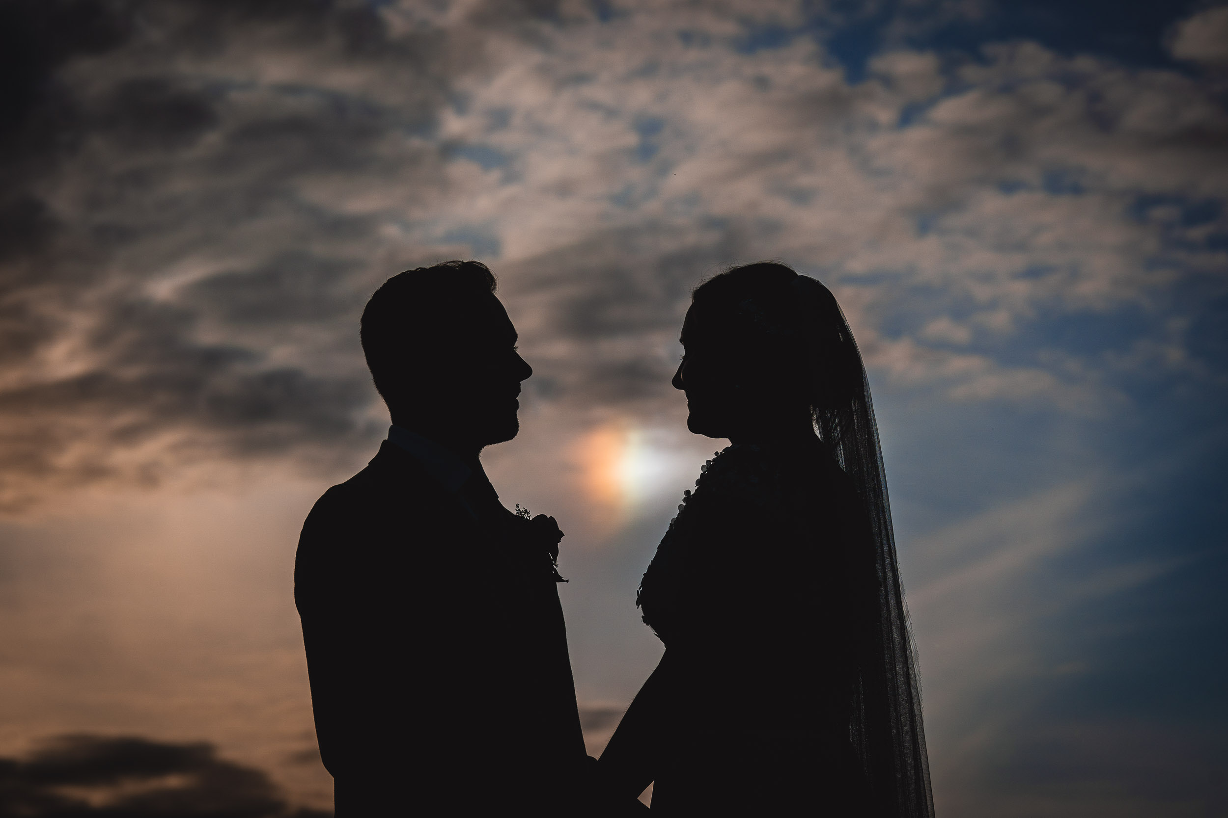 Silhouette of a couple in wedding attire against a cloudy sky.